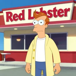 photo of Dr. Zoidberg Futurama posing in front of a Red Lobster restaurant