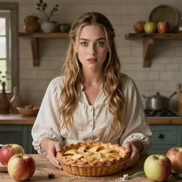 romanticism painting of ( ( margot robbie ) ) in a rustic style kitchen, baking apple pie, symmetrical face, beautiful eyes, cottagecore, artstation, 8 k, highly detailed