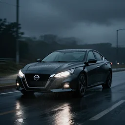 black Nissan Altima 2022. Altima GT ricer car racing on dimly lit street overcast skies raining headlights illuminating road, volumetric lighting cinematic vray photo muted colors dark cinematic. dark photo. front side view uncropped centered. artstation trending dramatic harsh lighting low exposure motion blue dof