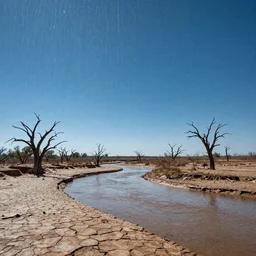 panorama of big raindrops flying upwards into the perfect cloudless blue sky from a dried up river in a desolate land, dead trees, blue sky, hot and sunny highly-detailed, elegant, dramatic lighting, artstation, 4k, cinematic landscape, photograph by National Geographic