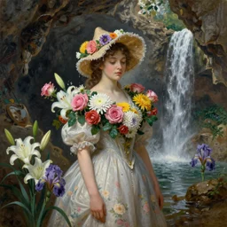 oil painting, romanticism, girl in hat and dress of fresh flowers, cave with waterfall, roses, lilies, chrysanthemums, irises, water drops, water jets, overhead light, 4 k, 8 k