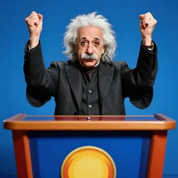 albert einstein behind a jeopardy podium, celebrating winning the game, set photo