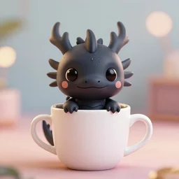 a portrait of a cute happy tiny black chibi dragon in a coffee mug, black eyes, artstation, by magali villeneuve, depth of field, beautiful lighting, pastel colors, bokeh, fantasy art