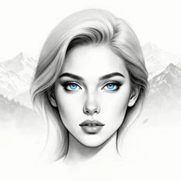 tattoo design sketch of a beautiful blue - eyed woman face with a faded background of beautiful mountains and nature on her side, hyper - realistic, in the style of den yakovlev, amazing detail, black and white