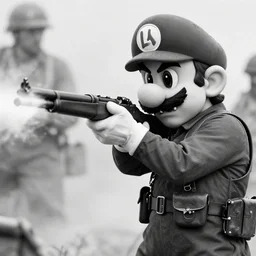 realistic black and white world war two action shot of waluigi firing a remington rifle