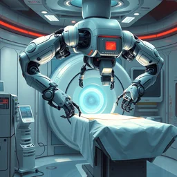 futuristic robotic surgical unit, multiple robot arms, meka robotics, boston dynamics, cybernetic symbiosis thick bifurcated robotic cnc surgical hybrid mri 3 d printer machine making a bio chemical lab, sci - fi, highly detailed, vibrant color digital painting,, artstation, concept art, smooth, sharp focus, illustration, artgerm and alphonse mucha,