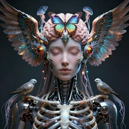 symmetrical centered goddess close-up portrait. artificial intelligence, brain, rib cage, wings of birds, jellyfish butterfly phoenix head. bio-mechanical bio-luminescence, intricate artwork by Tooth Wu and wlop and beeple. octane render, trending on artstation, greg rutkowski very coherent symmetrical artwork. cinematic, hyper realism, high detail, octane render, 8k