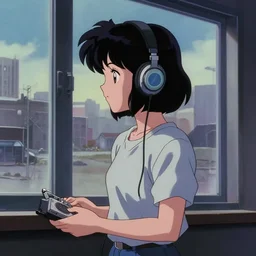 adult anime girl looking out the window of a deserted city wearing headphones, plugged into a walkman, 1 9 8 0 s