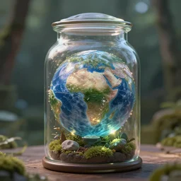 the whole world inside a mystical glass jar, fantasy, photo realism, HD, highly detailed