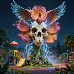 by kay nielsen and kelly mckernan, visually stunning, cinematic, ultra realistic, hyper realism, 1 2 k, epic, octane render, unreal engine, vfx, maya, jellyfish face skull phoenix bird : smoke and water energy flow, giant flower as head : a post - apocalyptic kid's playground at night covered by nature