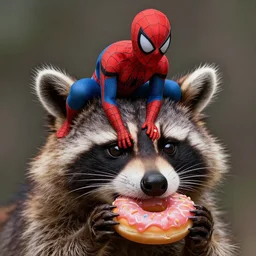 spiderman riding on a giant raccoon eating a donut | | cute - fine - face, pretty face, wizard, fusion, key visual, realistic face, detailed, real life, fine details by stanley artgerm lau, wlop, rossdraws, james jean, andrei riabovitchev, marc simonetti, and sakimichan, trending on artstation