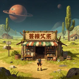 in front of a general store in a remote outpost, on an alien planet, from a space themed point and click 2 d graphic adventure game, set design inspired slightly by [ [ [ [ [ [ [ hg giger ] ] ] ] ] ] ] and tomb raider, art inspired by thomas kinkade and greg rutkowski