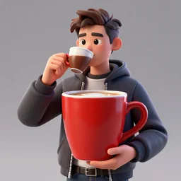 portrait of a ( ( ( large red taza de cafe lleno del universo ) ) ), ( ( dotado futuristic guapo y joven espanol ) ), drinking coffee, 3 d photorealistic, concept character, by filip hodas, trending on artstation