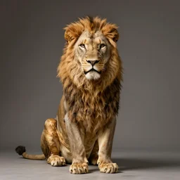 Professional studio photograph of a real lion, posing in the same pose as the statue The Great Sphinx of Giza. Full body shot, studio lighting, neutral background, subject in sharp focus, great contrast, rich and saturated colors, high resolution (8k).