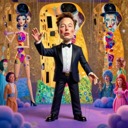 the world's richest man is a ventriloquist dummy from heaven!, psychedelic bliss trip, elon musk! as the puppet master, strings attached to the puppet, patterned skin, trending on artstation, photorealism, vibrant colors, digital art, in the style of harumi hironaka, gustav klimt, egon schiele, copy whitmore, octane render, establishing