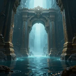 a ancient portal to another dimension in the sea, artstation, volumetric light, high detail, reflections, perfect, concept art, hdr, 4 k