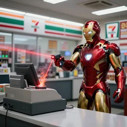 Accidents, lasers, Iron Man working as a 7/11 cashier using a red laser scanner, cash register, red laser scanner, wide wide shot, very detailed, beautiful lighting, red laser, fire, smoke