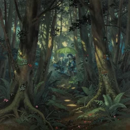 a japanese painting of forest spirits