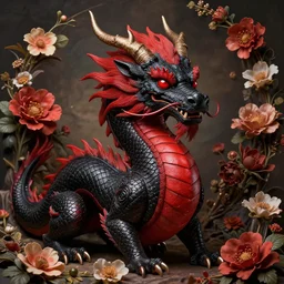 A extremely highly detailed majestic, hi-res, beautiful Baroque portrait of a detailed black and red dragon with horns on it's head surrounded by flowers. Highly detailed, anatomically correct