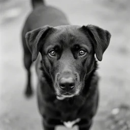 black and white photo of a black dog menacingly staring at the camera, by josef koudelka, analog photography