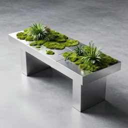 a modern table made of rectangle tetris, made of silver steel and moss, plants, octane render, trending on artstation