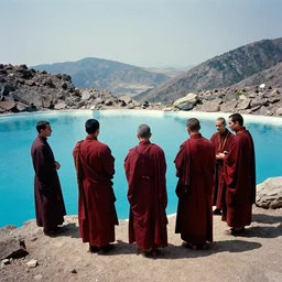 a group of priests standing around a forbidden aqua blue pool on top of a mountain, canon 5 0 mm, cinematic lighting, photography, retro, film, kodachrome
