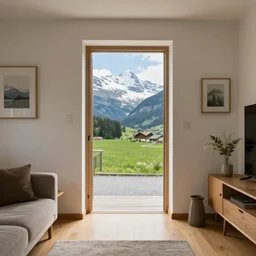 a portal inside a living room, the portal leads directly to switzerland