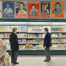 a japanese supermarket in the style of daniel johnston and jean dubuffet and peter doig and ito, 8 k, line brush, minimal, very detailed, dull colors, hyperrealistic, overlaid with japanese adverts