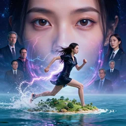 seductive lee jin - eun running on water at super speed, emerging from multiversal galactic portal, splashes of lightning behind her, zooming past a small island, by ilya kuvshinov and peter mohrbacher and ruan jia, and m. k. kaluta, rule of thirds, coherent symmetry, close up, majestic, beautiful eyes