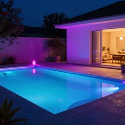 govee hue led strip lighting, swiming pool, scene, colourful, 8 k, unreal engine, realistic, house and home,