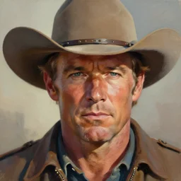 painterly portrait, john wayne as a cowboy, impasto, fantasy, chuck close:7, carl spitzweg:7, cinematic light, full face, symmetrical face