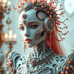 portrait of an absurdly beautiful, graceful, sophisticated, fashionable cyberpunk mechanoid, hyperdetailed illustration by irakli nadar and alexandre ferra, intricate linework, white porcelain skin, faberge, coral headdress, unreal engine 5 highly rendered, global illumination, radiant light, detailed and intricate environment - 6