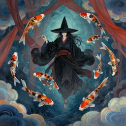 japanese witch with floating koi fish, by petros afshar, ross tran, peter mohrbacher, tom whalen, underwater psychedelic clouds and drapery