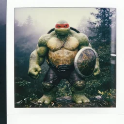 a badass turtle fighter oversized hulked animal anthropomorphic with red headband, wearing black hakama and a shield made out of a turtle shell, on deep forest peak, cinematic focus, polaroid photo, vintage, soft lights, foggy, by oleg oprisco, by thomas peschak, by discovery channel, by victor enrich, by gregory crewdson