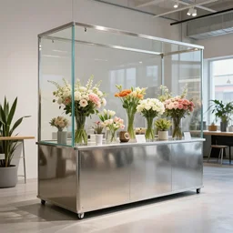 flower shop by labotory concept made of stainless steel glass material, minimal style