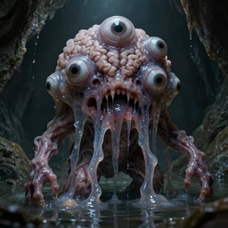 a creepy monster blob with five eyes, lots of veins, scary mouth with strings of saliva, skin texture like a brain, slimy, translucent, standing in shallow water, horror art, intricate, extremely detailed, ultra realistic, trending on artstation, in a cave