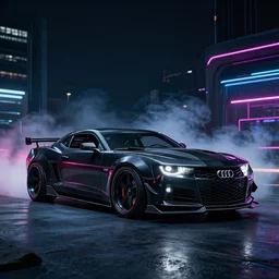 widebody all black audi camaro b 6 ( 2 0 0 5 ) modernized, need for speed : carbon, at night, sci - fi, neon lines, phonk music background, smoke behind wheels, noise, dark, establishing shot, by simon stalenhag