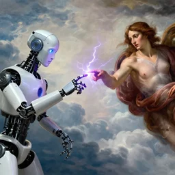 a robot and a human women touch by their finger tips, exchanging lightning energy through their fingers, purple nails concept art, clouds in the background, cinematic, inspired by the creation of adam by michelangelo