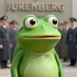 pepe the frog smug look, at the nuremberg trials, photorealistic lighting, professional lighting, vibrant colors, maximalism, ultra facial detail, 8 k