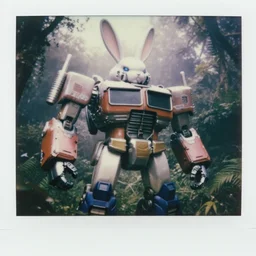 low saturation photograph!! giant oversized rabbit robot fusion with robo - mechadelorean chubby mech transformers, in forest jungle, cinematic focus, polaroid photo, vintage, neutral dull colors, soft lights, foggy, overcast by oleg oprisco, by thomas peschak, by discovery channel, by victor enrich, by gregory crewdson