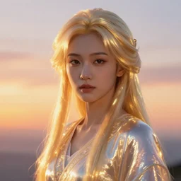 a portrait of a shiny glowing heavenly asian anime character, sunset background, 8 k, octane render, artstation, digital art.