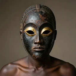 african man with an ancient mask and golden eyes clouded in darkness, award winning photography, HD