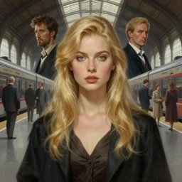 character concept portrait of a ( ( ( ( beautiful blond woman ) ) ) ), in a train station, intricate, elegant, highly detailed, digital painting, artstation, concept art, symmetry, smooth, sharp focus, illustration, art by artgerm and rutkowski and mucha by theodore ralli and nasreddine dinet and anders zorn and nikolay makovsky and edwin long