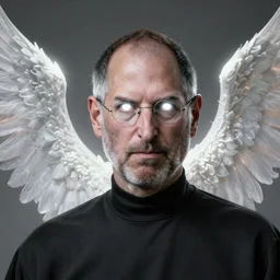 Portrait of Steve Jobs, white glowing eyes, silver shaggy hair, cloak, ethereal wings, male, fantasy, extremely detailed, digital painting, artstation, concept art, smooth, sharp focus, illustration, stunning lighting, art by artgerm and greg rutkowski and alphonse mucha and simon stalenhag, realistic character concept, high fantasy, light atmosphere, golden ratio, cinematic lighting, hyperdetailed, high resolution, insanely detailed and intricate, artstation, Marc Simonetti, Greg Rutkowski, 8k