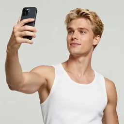 a tall, attractive and very handsome blond young man taking a selfie with his idol john cleese at a hightech exhibition