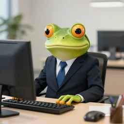 picture of a frog in a suit at the office, he is behind a computer, 4K