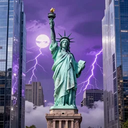 of a futuristic photo - realistic new york city with mirrored windows in shiny crystalline : 7, the statue of liberty, highly symmetrical, balanced, purple lightening : 3, octane render, clouds : 2, violet sun : 4, in the style of sahm : 3, hd, ultra - realistic, hyper - realistic, digital art,