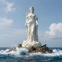 Gigantic marble statue of the goddess of the sea on an island, large waves on the shore, fantasy, 8k resolution, ultra detailed -H 1028 -W 1028