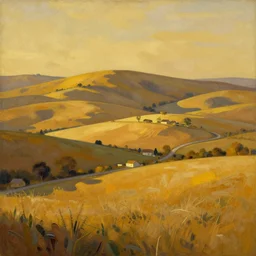 This art installation captures the beauty of the countryside in all its simplicity. The rolling hills and fields are bathed in a warm, golden light, and the peaceful scene is punctuated by a few small houses and a winding road. The brushwork is loose and expressive, and the overall effect is one of serenity and calm.  by Wifredo Lam, by Albrecht Anker rigorous