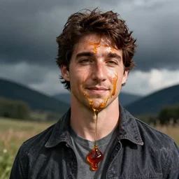 justin trudeau covered in maple syrup, it is sticky and dripping